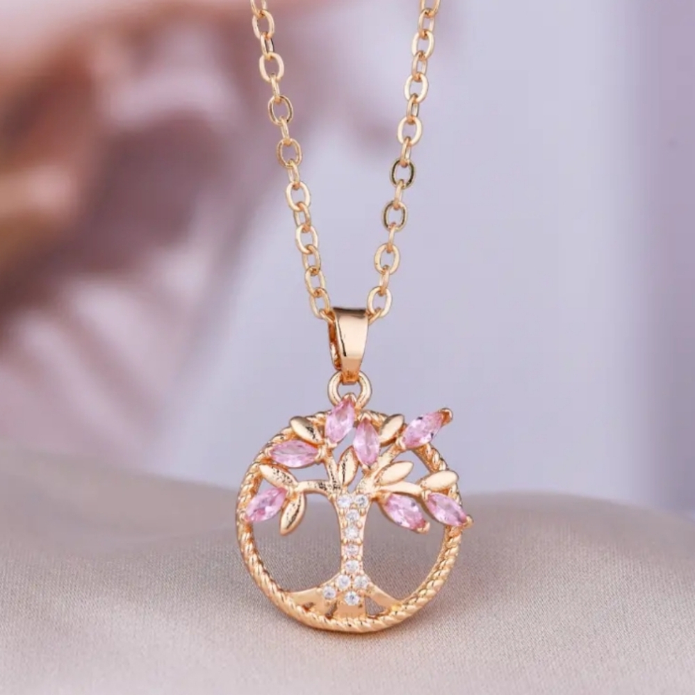 Pink Rhinestone Tree Pendant Necklace - Picture 3 of 3